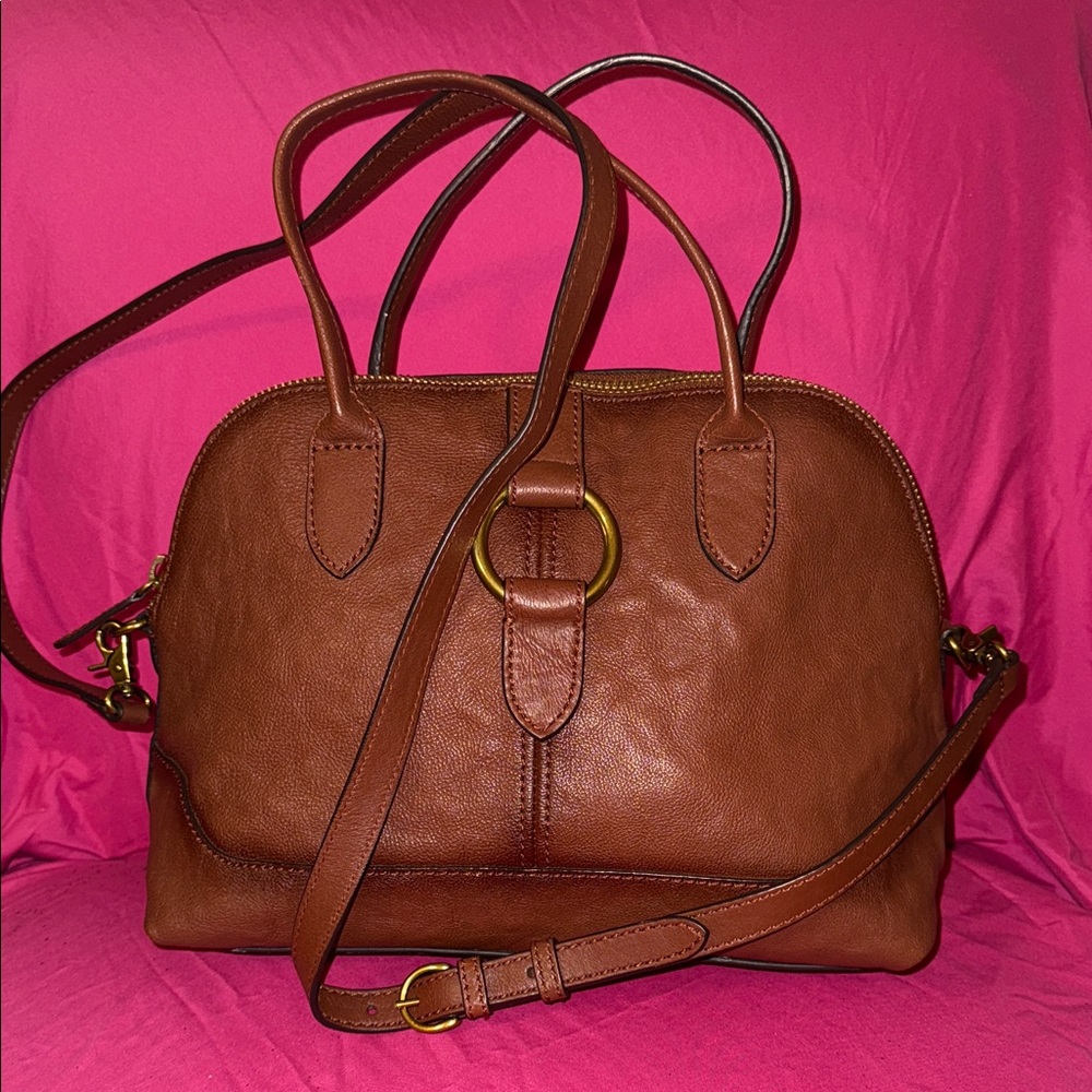 Frye Chestnut Brown Leather Satchel with Gold Ring Accent